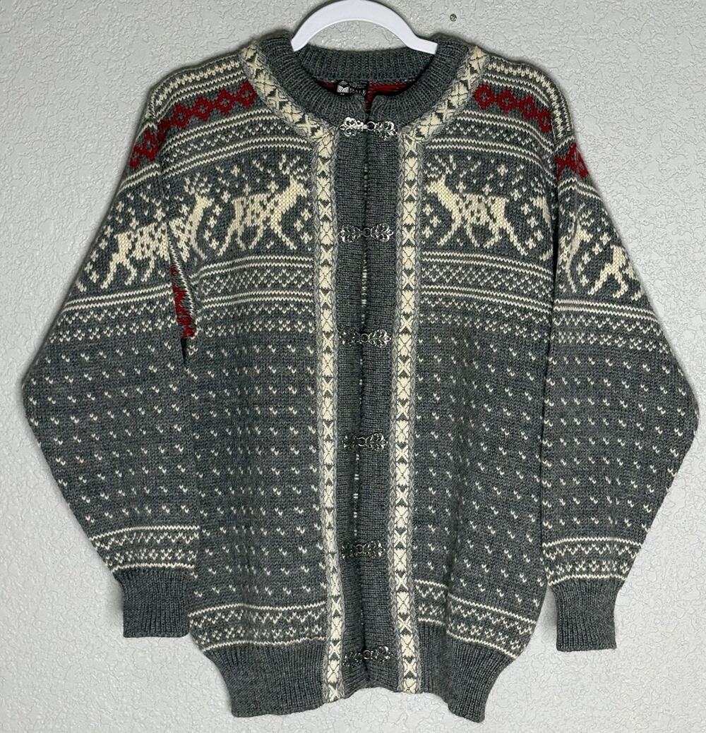 Vintage Dale Of Norway Cardigan Nordic Fair Isle Deer Clasps Gray Red Size S
